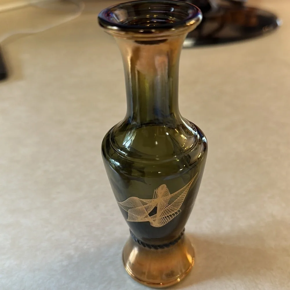 Midcentury Modern Green and Gold Smoked Wheatonware Bud Vase